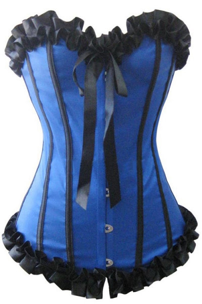 Blue Victorian Satin Corset With Black Ruched Ribbon Trim, Strips and Bow, Front Busk