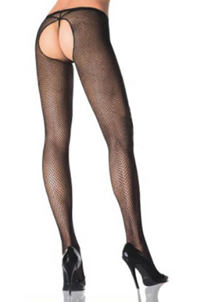 Black Full-Length Fishnet Style Stockings With Seamless Design and Open Bottom With Thong-style Back