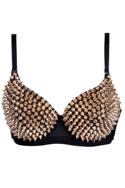 Pleasantly Fierce Golden Button Metal Pieces Cup on a Smooth Black Bra Piece