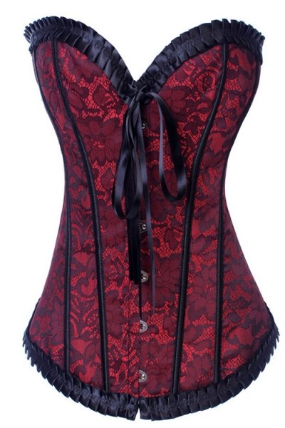 Burgundy Victorian Corset With Floral Lace Print and Black Ruched Ribbon Trim and Strips, Front Busk