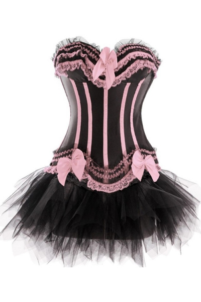 Black Sateen Strapless Corset Dress With Sugar Pink Detailing and Tutu Net Mini Skirt
