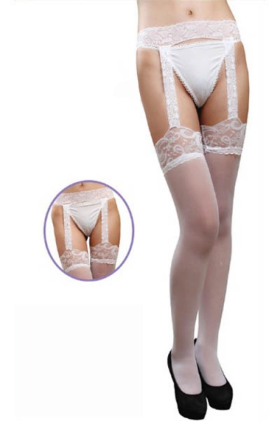 White Thigh-High Stockings With White Lace Tops and Attached White Lace Garter Belt and Lace Garters