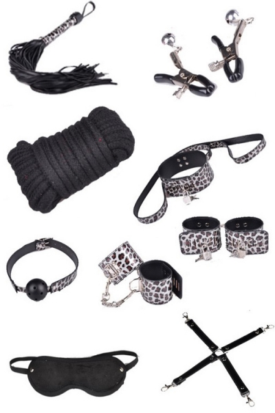 Black BDSM Toys Including Mask, Whip, Handcuffs, Clamps, Gags, and Restraints