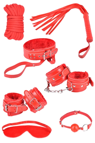 Mouth Gag, Cat Whip, Rope, Choker, Adjustable Hand Cuffs. Pink BDSM Kit