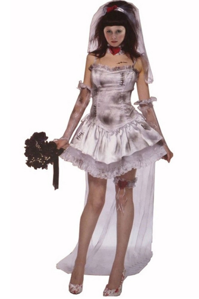 Horrible Dead Bride Wedding Dress Costume with Blood Embellishment