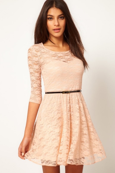 Sexy Peach Colored Mini Dress with 3/4 Sleeves and  Lace Overlay