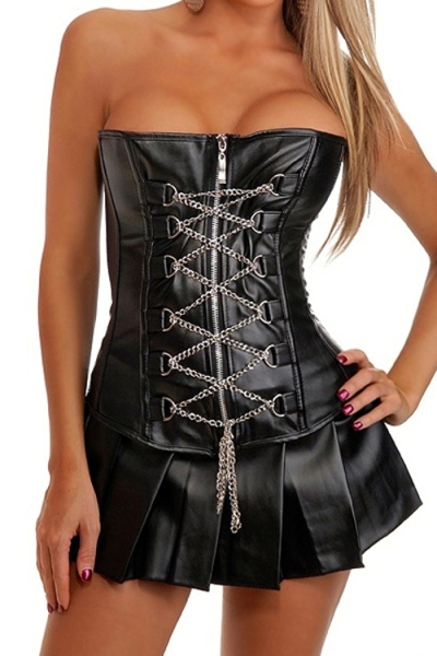 Elegant Leatherette Corset with Front Crossed Chain and Zipper Closure
