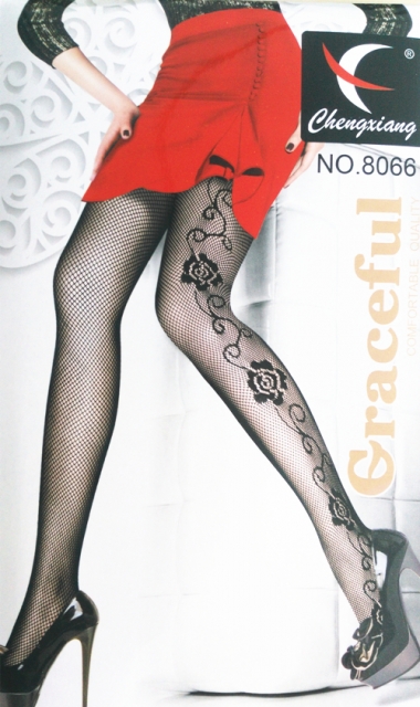 Black Full-Length Fishnet Style Stockings With Black Rose Chain Pattern on the Outside Leg