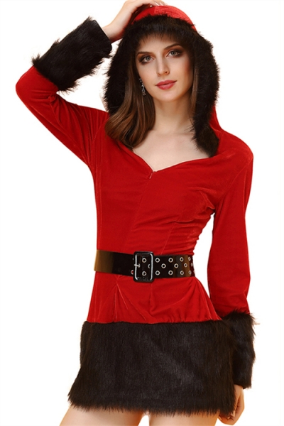 Sexy Red Christmas Dress With Black Fur Trim and Belt