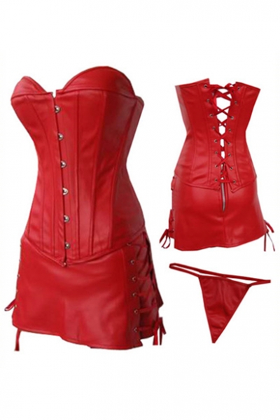 3 Piece Plus Size Red Leather Corset Dress Set