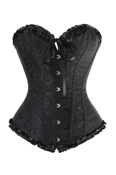 Black Victorian Corset of Floral Brocade With Ruffle Ribbon Trim, Sweetheart Neckline, Front Busk