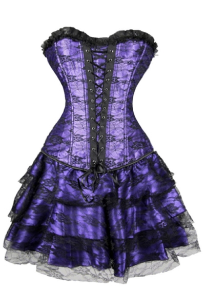 Gorgeous Purple Corset Dress With Floral Lace Overlay and Ruffle-Layered Skirt, Lace-up Front and Black Flower on Bust