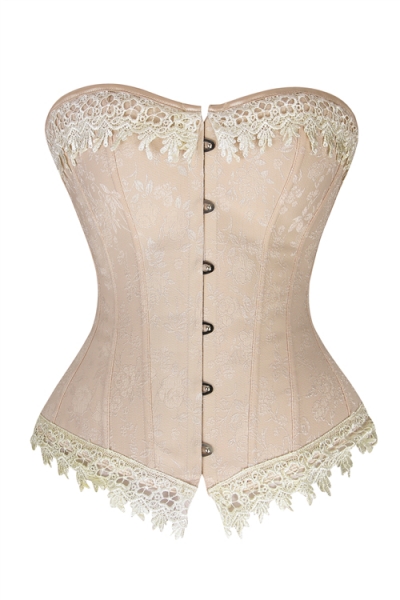 Apricot Corset With Intricate Lace at Bust and Bottom and Subtle Floral Print, Front Busk