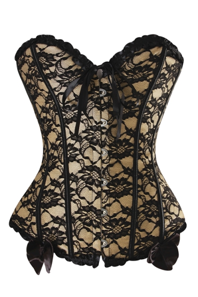 Beige Corset With Black Floral Lace Overlay and Black Ruched Trim, Bow and Strips, Front Busk