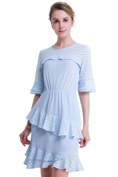 Sky Blue Sweet Lotus Leaf Ruffled Round Collar Fashion Solid Party Mini Dress