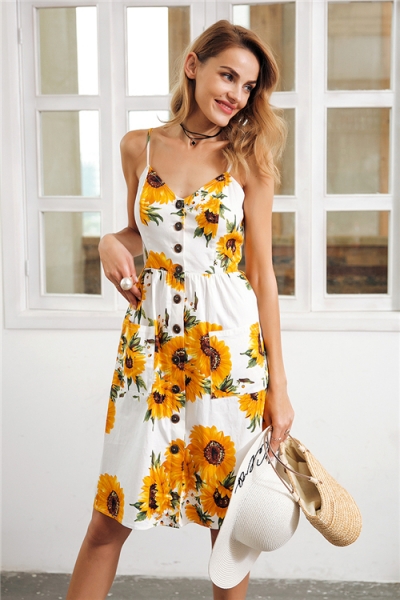 Strap v neck summer dress women Sunflower print backless casual dress vestidos Smocking high waist midi dress female