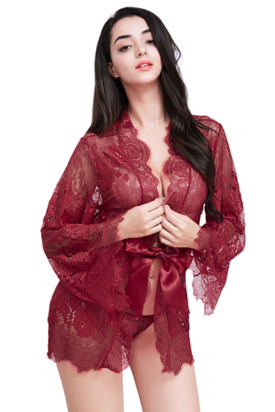 Sexy Burgundy Eyelash Lace Long Sleeve Cardigan Slip Plus Size Pajamas Robe