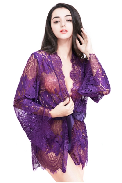 Sexy Purple Eyelash Lace Long Sleeve Cardigan Slip Plus Size Pajamas Robe