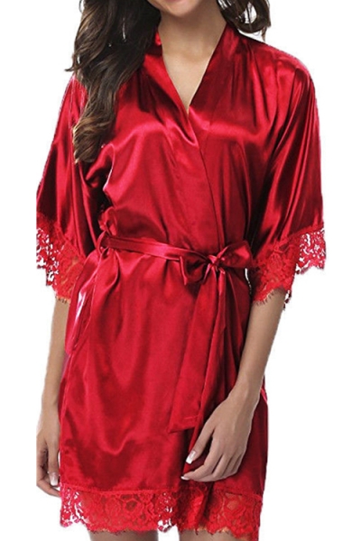 Red Ice silk pajamas plus size fat girl nightdress sexy loose lace robe