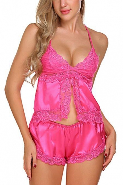 Sexy Pink Silk Lace Trim Sling Pajama Shorts Set