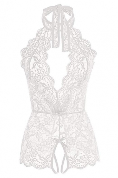 White sexy flower lace mesh perspective bodysuit