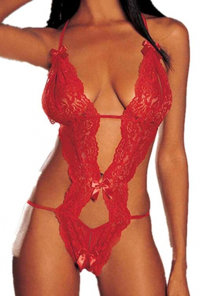 Sexy Red Floral Lace Teddy With Halter Neck, Strappy Open Back, G-string and Satin Bows