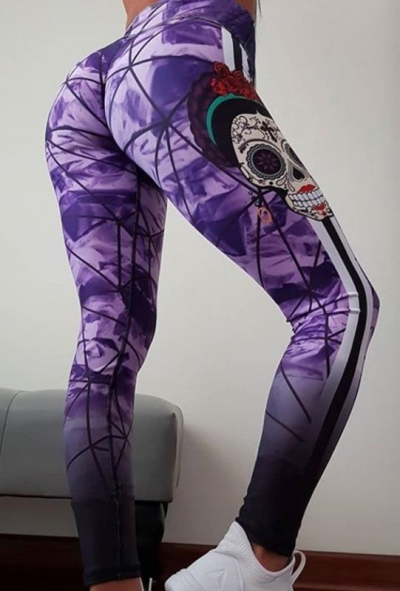Purple Slim-fit buttocks printed yoga pants