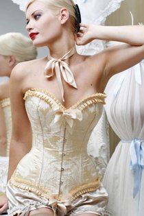 Absolute Burlesque Cream Corset With Brocade Pattern, Honey Ruched Trim and Bows, Front Busk