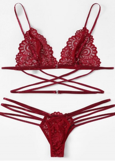 Burgundy criss cross lace bra & panties set